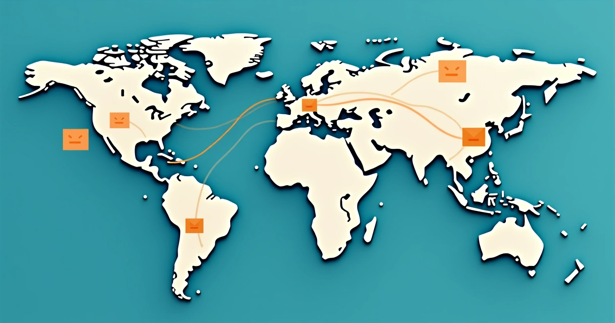 Mapa mundi estilizado com caixas e ícones de ecommerce conectando continentes.