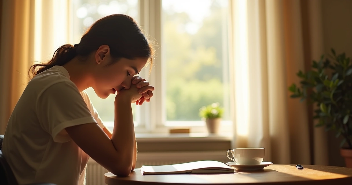 Person sitting thoughtfully in a sunlit room, hands folded, with gentle light and soft colors around 