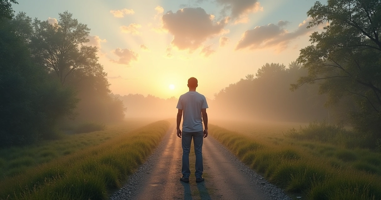 Person split between two paths representing internal conflict and life choices 