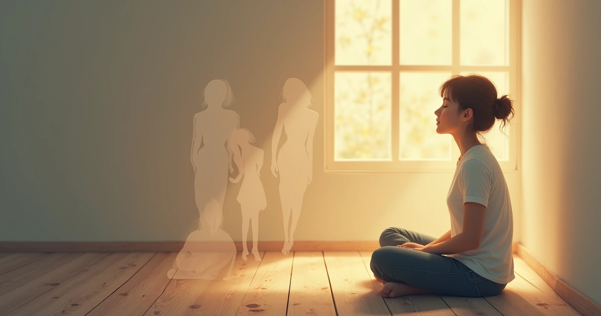 Illustration of a person sitting quietly, with multiple translucent silhouettes representing different thoughts surrounding them 