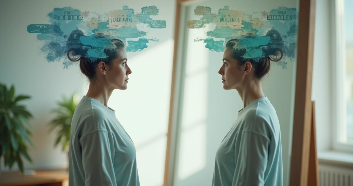 Person facing mirror with overlapping thought layers around the head 