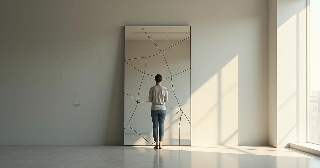 Person reflected in fragmented mirror aligning mismatched reflections 
