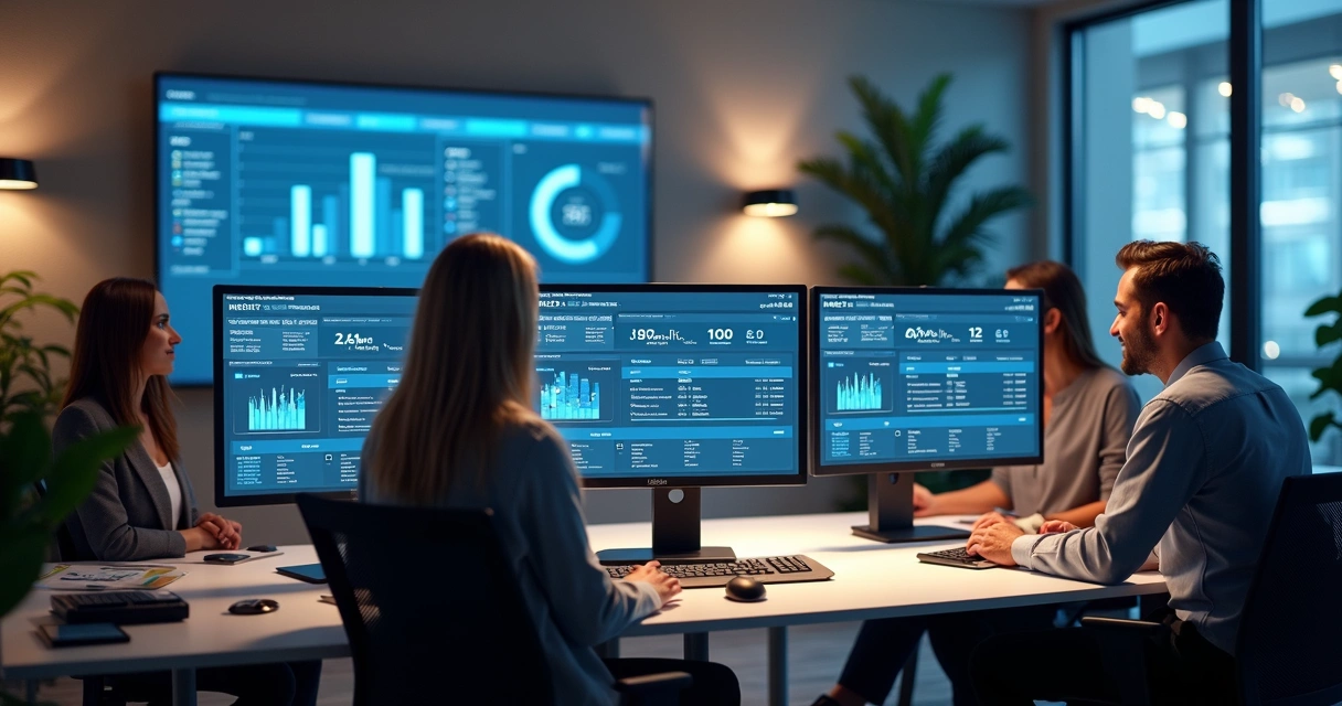 IT support team working together on computers with ticket management and task tracking on screens 