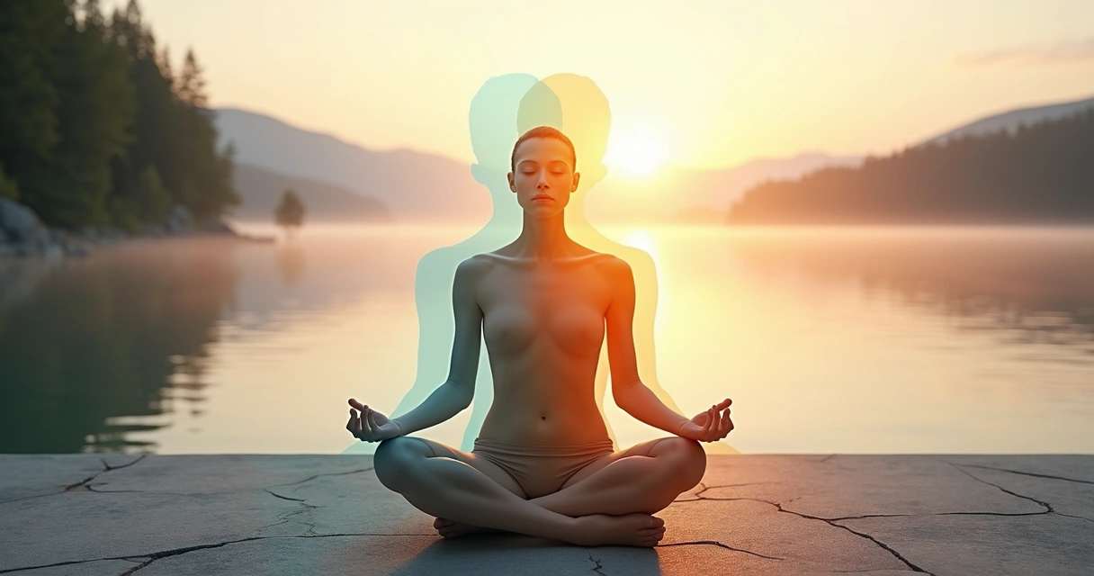 Person meditating with overlapping translucent silhouettes and natural elements 