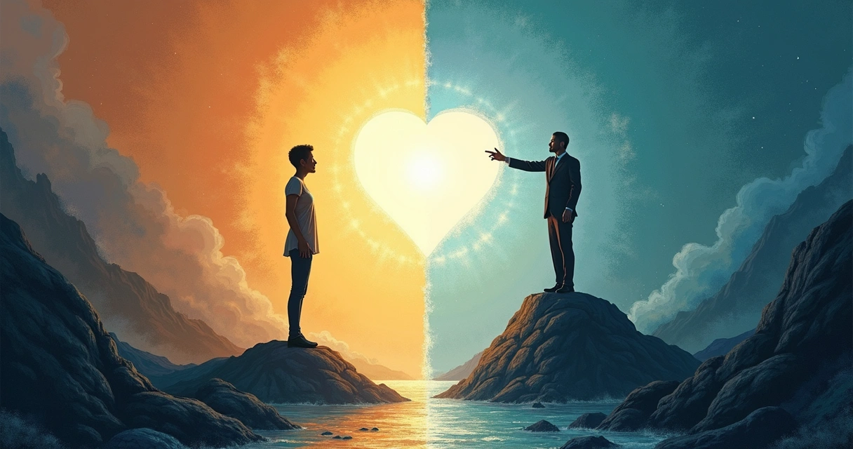 Split illustration showing an individual with a glowing heart on one side and a person on a podium on the other, visually contrasting inner leadership and external authority 