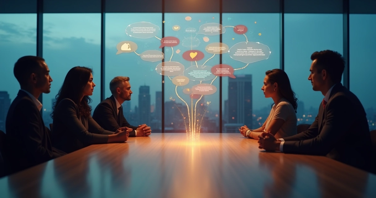 Silhouetted person at meeting table surrounded by overlapping thought bubbles 