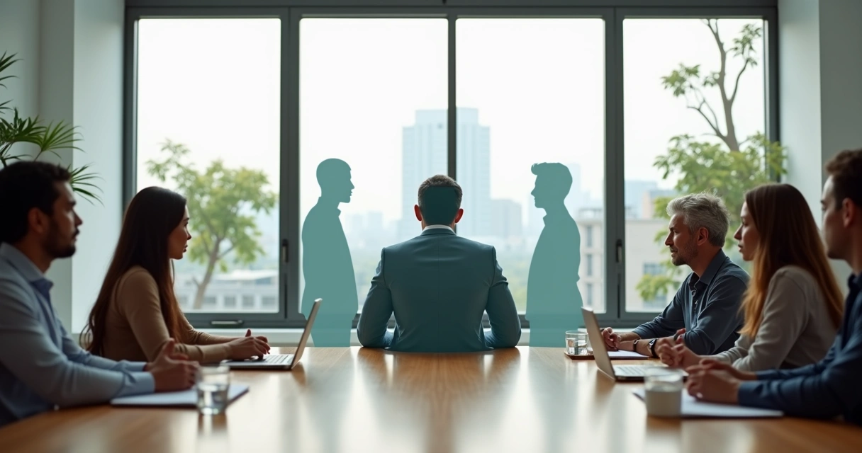 Man integrating inner selves while influencing a diverse group in a meeting 