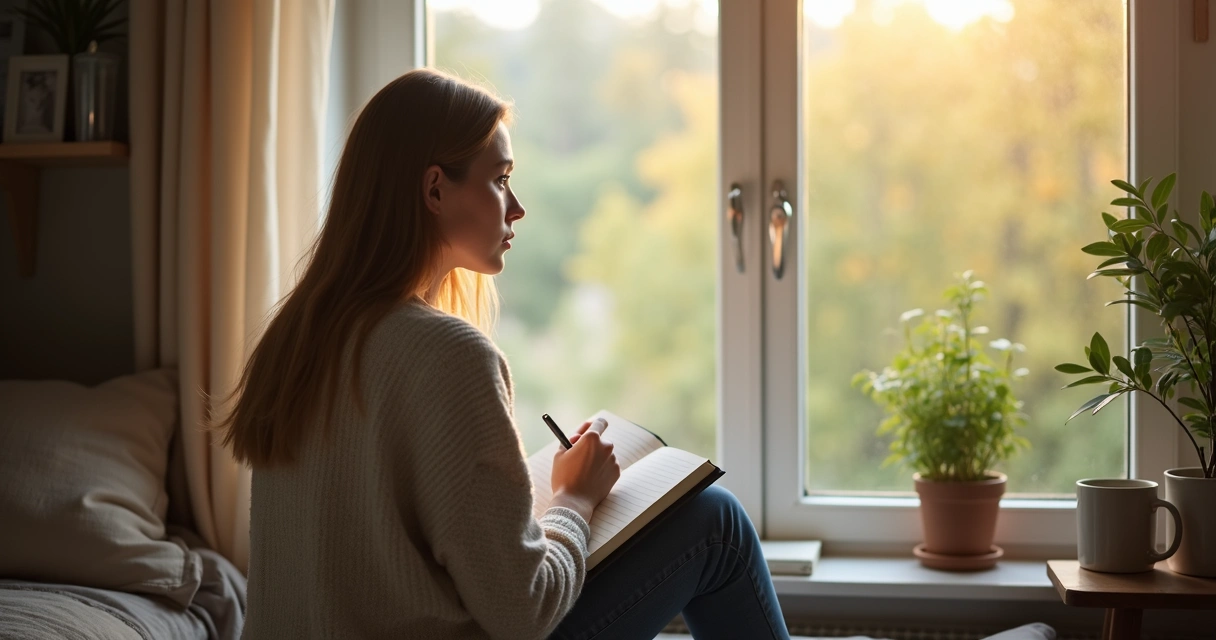 Person sitting quietly reflecting by the window with journal on lap