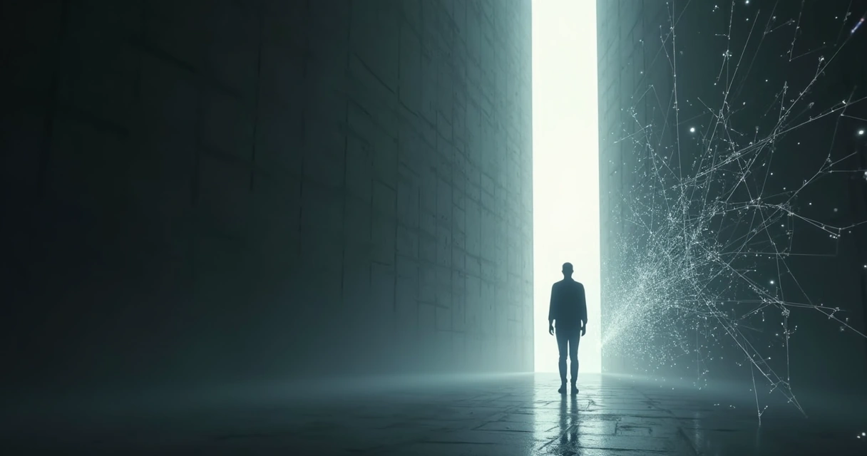 Person with shadowy force and glowing web around