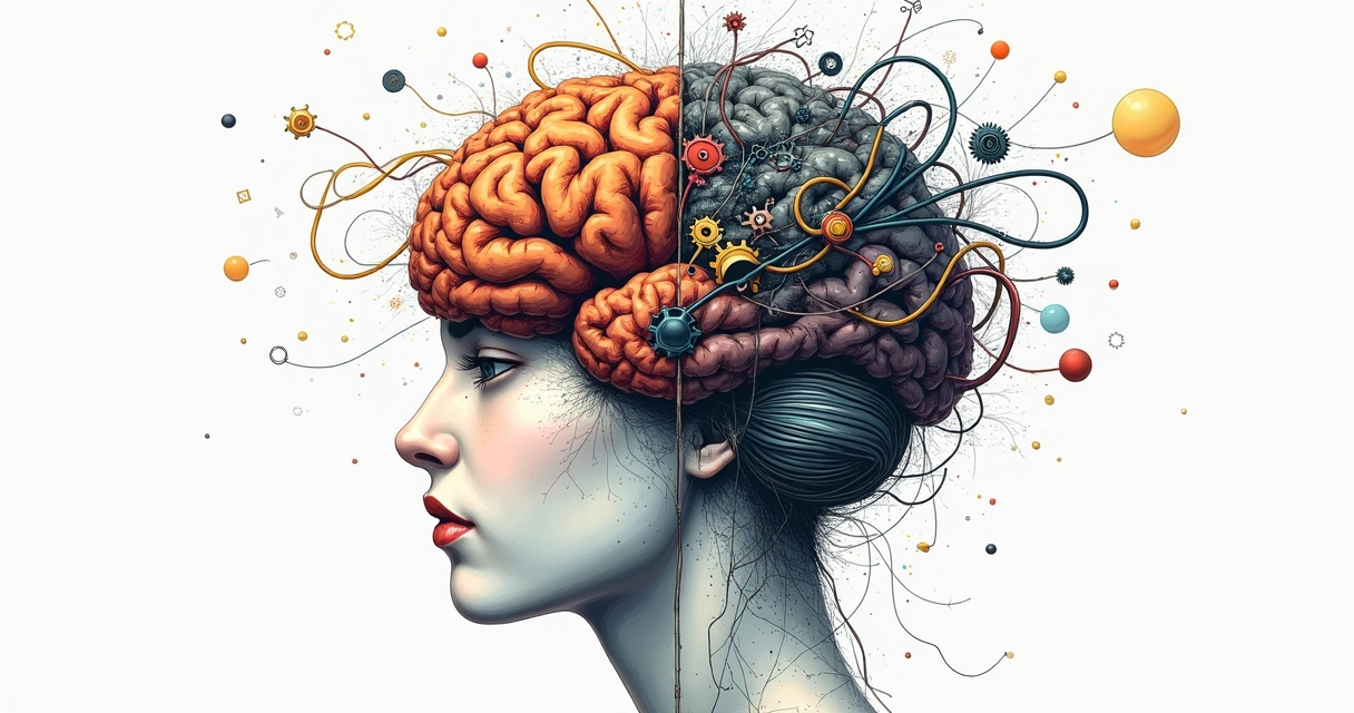 Illustration of a split human brain, one side with vibrant colors and gears, the other side with tangled wires and grey tones