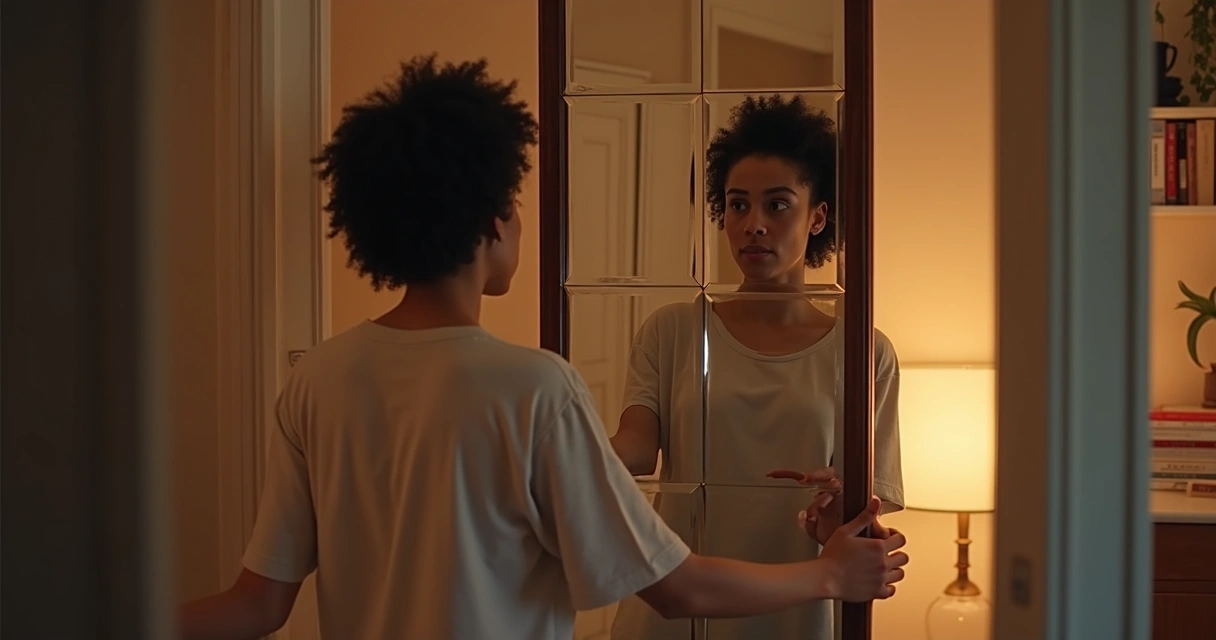 Person looking in a mirror with fragmented reflection.