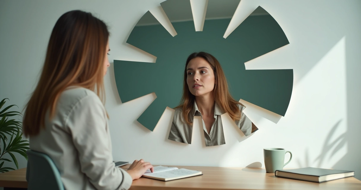 Person facing fragmented mirror reflections during self-reflection 