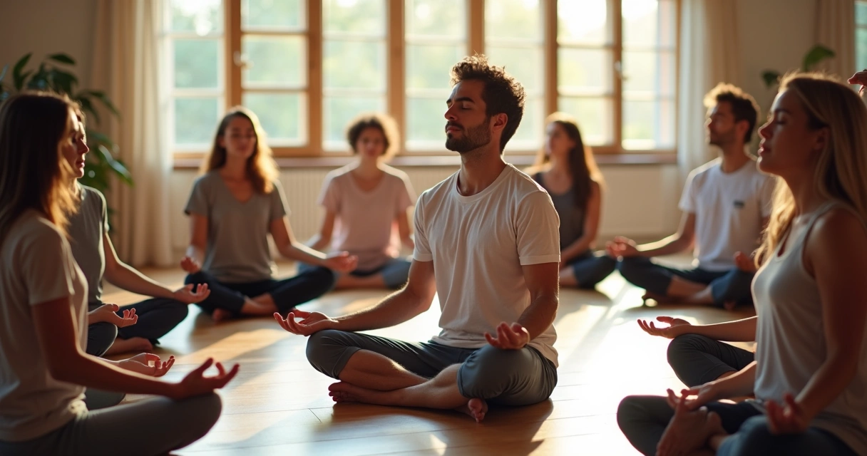 People from diverse backgrounds practicing breathing exercises together
