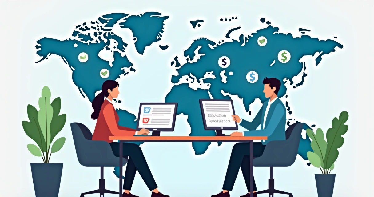 Two business professionals reviewing digital payroll compliance documents, background shows global digital map 