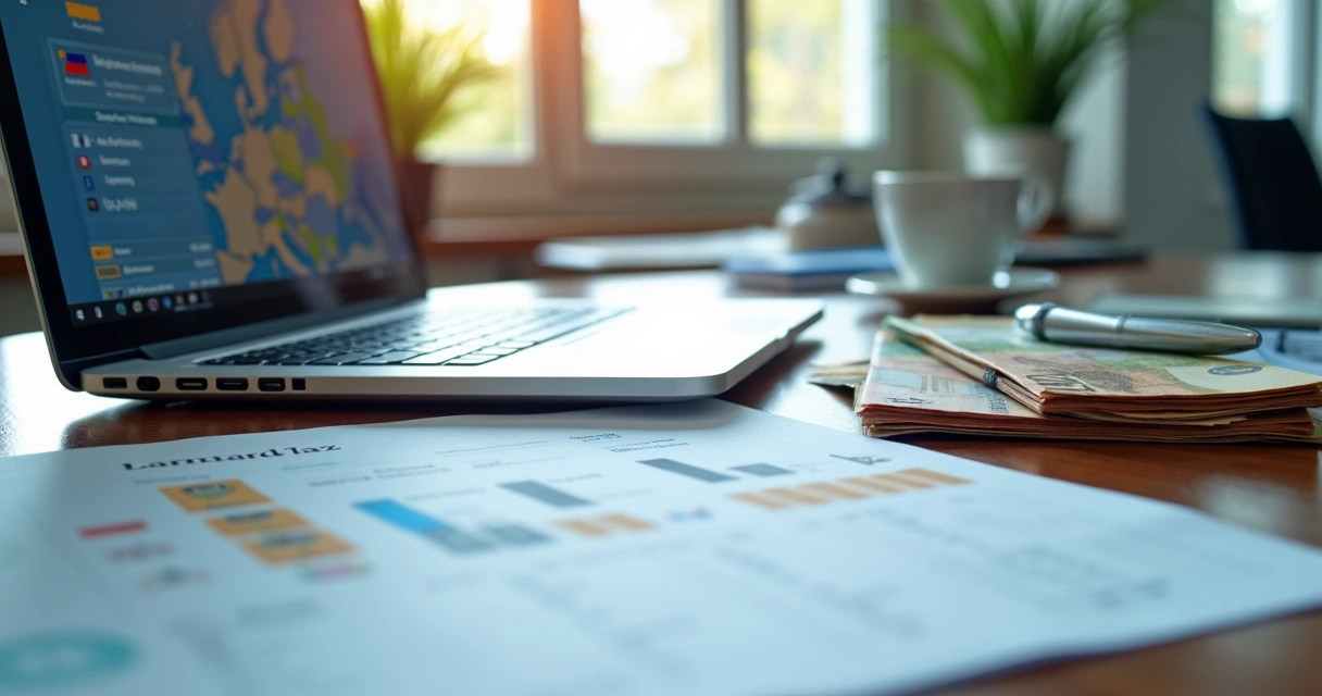 Payroll documents and multiple currencies on a desk with a secure laptop 
