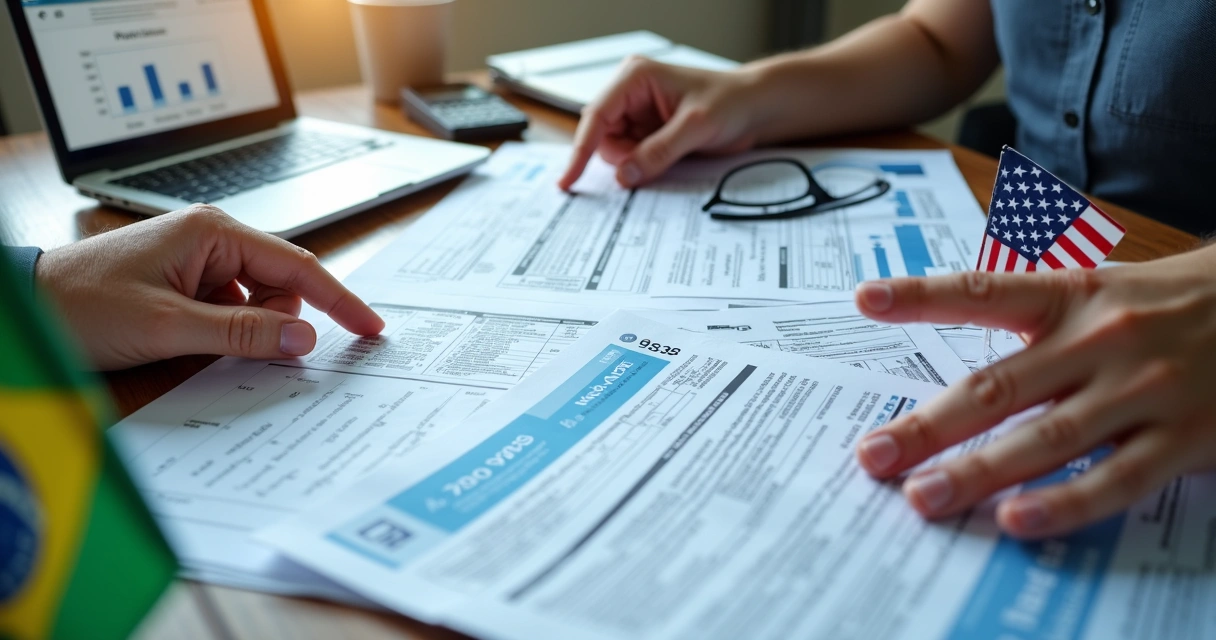 Person reviewing international real estate tax forms with financial documents