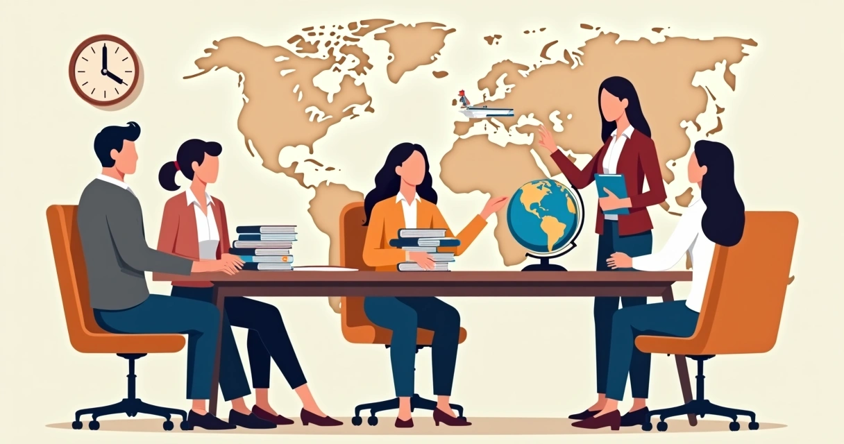 Employees preparing for international relocation with support materials 