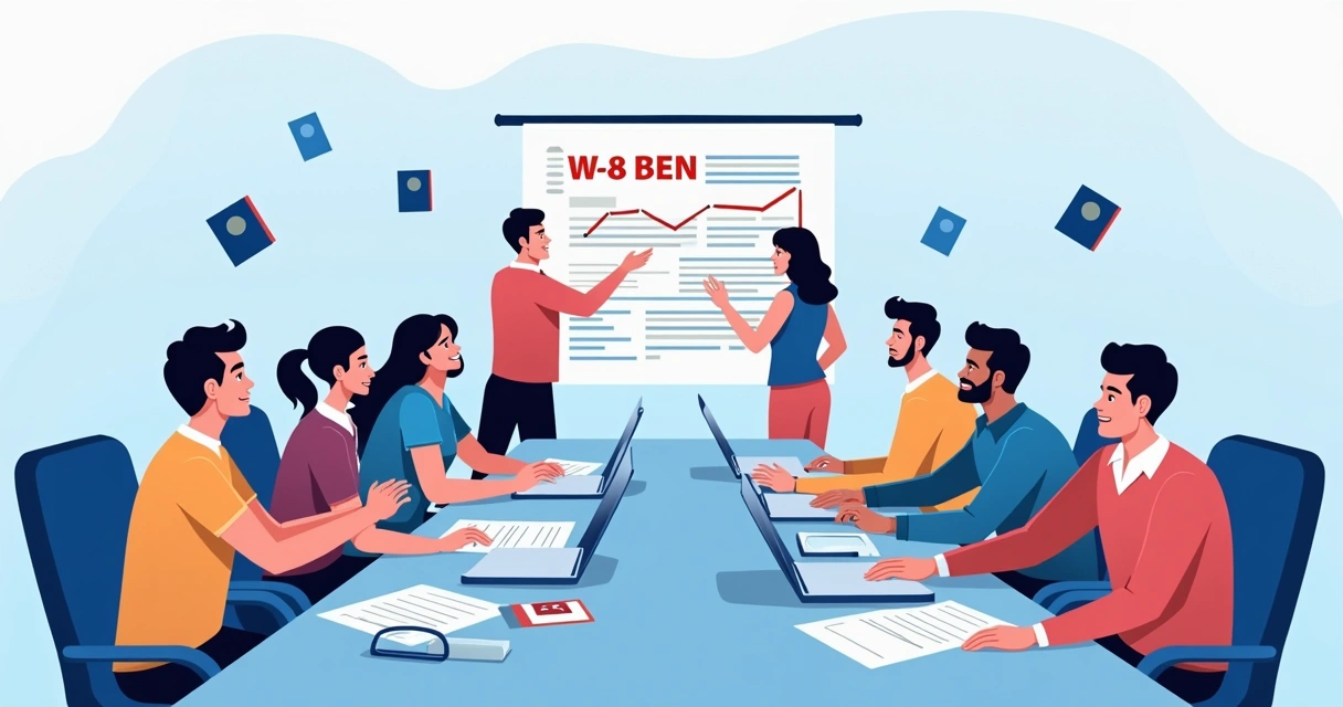 International team filling IRS tax forms at a desk 