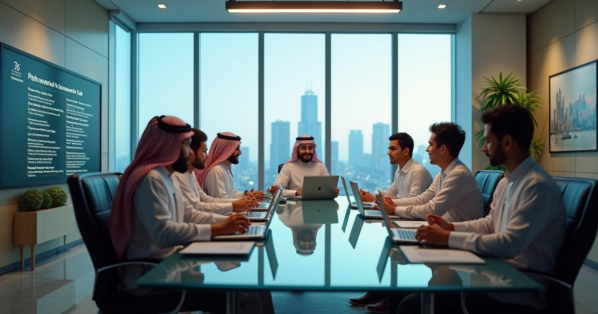 Multinational team meeting in modern Saudi office 