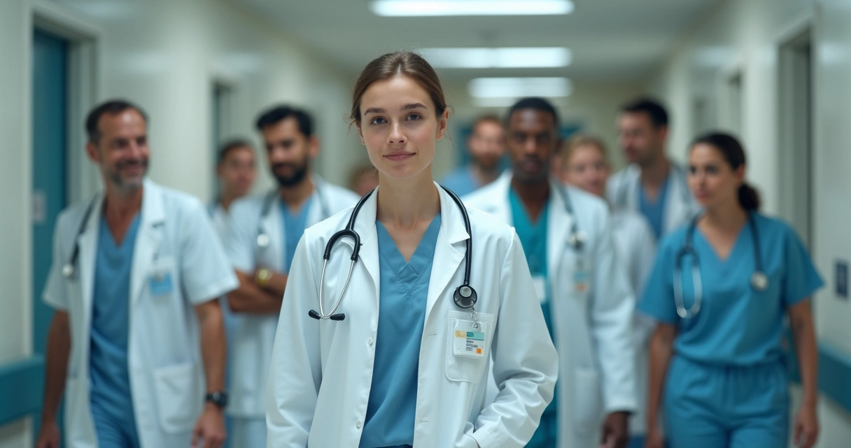 Estagiário de medicina em hospital com equipe médica 