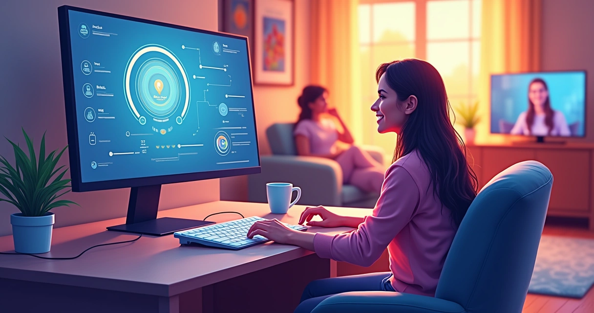 Salas de estar moderna com internet de alta velocidade, arquitetura acolhedora e ícones de conexão estável.