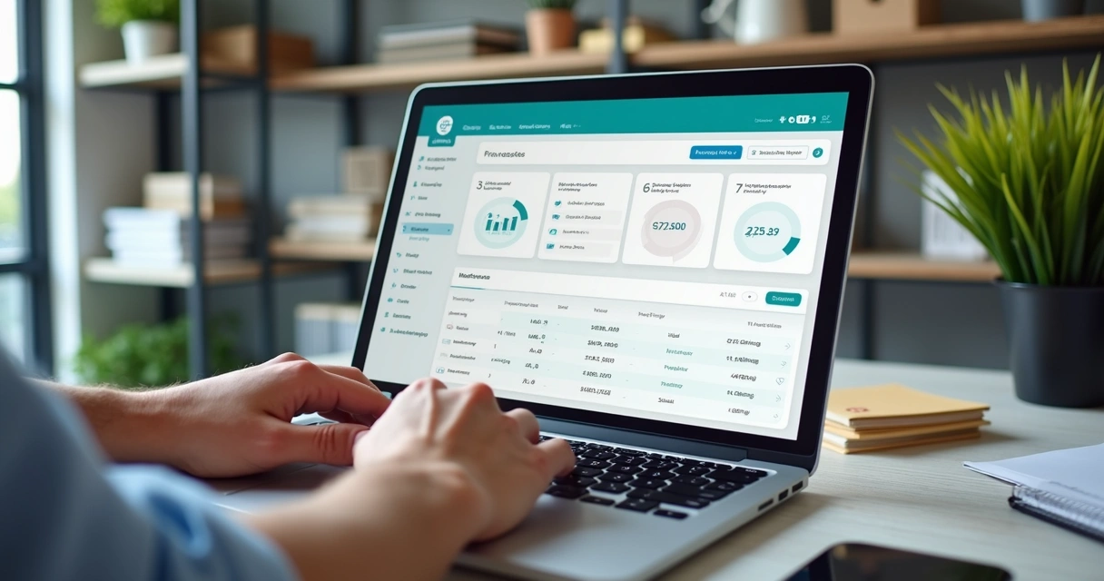 Pessoa usando laptop com tela de internet banking e pequenos negócios ao fundo 