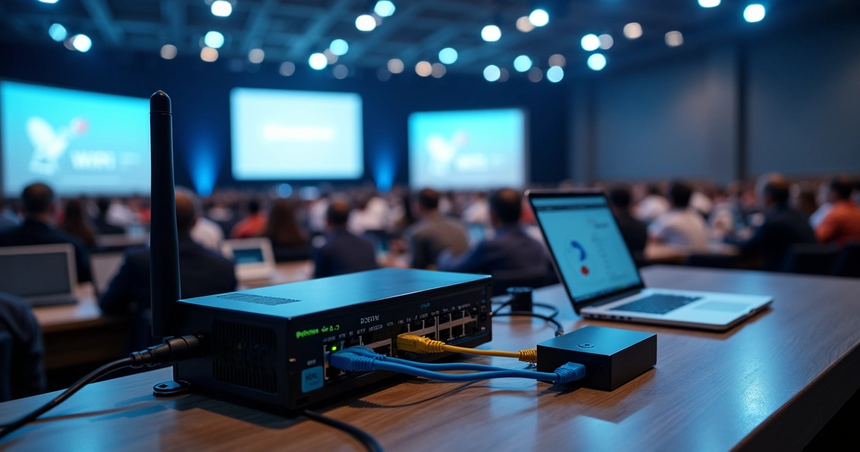 Painel de controle de internet em evento corporativo com público e telas ao fundo 
