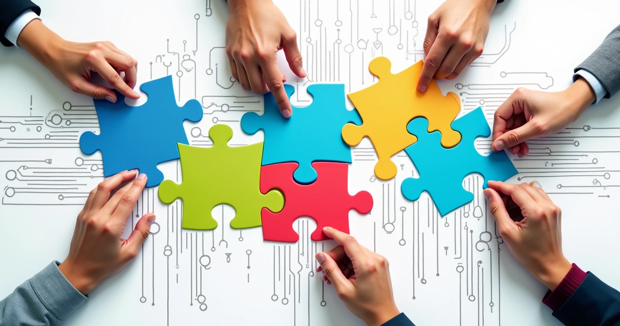 Tabuleiro com peças de sistemas e mãos tentando encaixar 