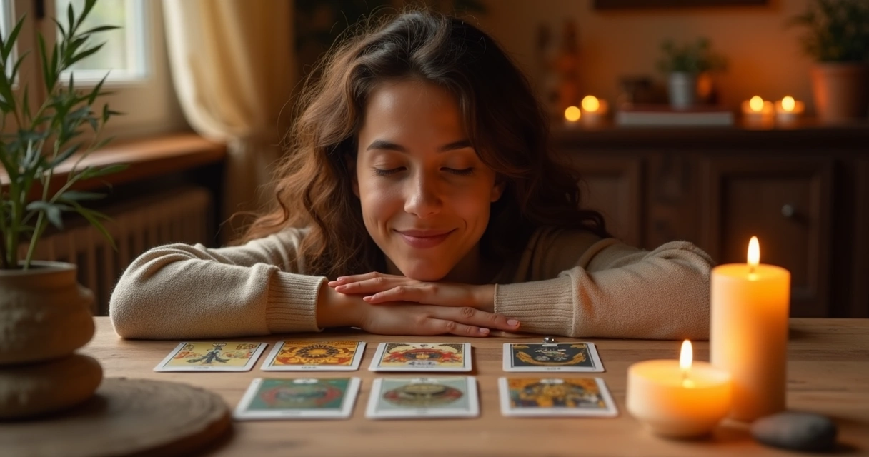 Pessoa interpretando cartas de tarô com expressão tranquila e ambiente iluminado. 