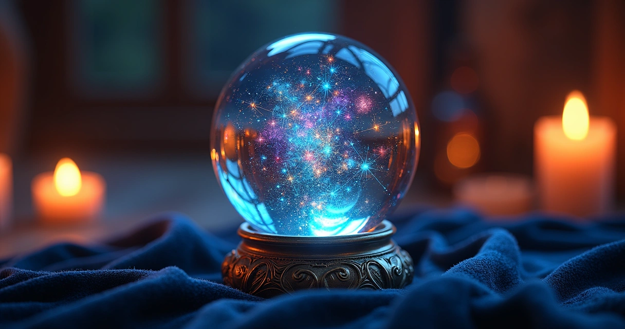 Símbolos místicos e luzes coloridas flutuando dentro de uma bola de cristal em mesa escura