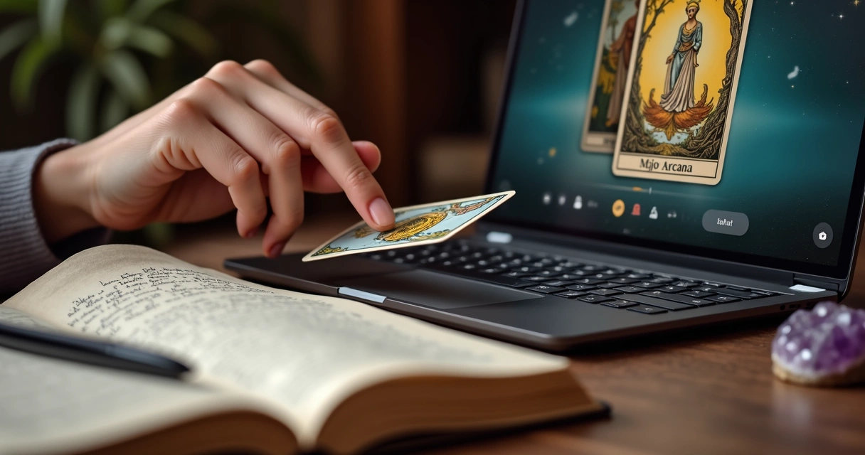 Pessoa analisando carta do tarot com laptop e bloco de notas ao lado 