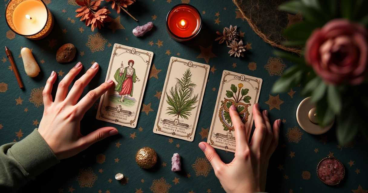 Interpretação de cartas ciganas em mesa de tarô 