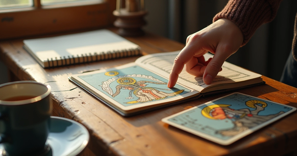 Pessoa interpreta cartas de tarot ao lado de caderno 