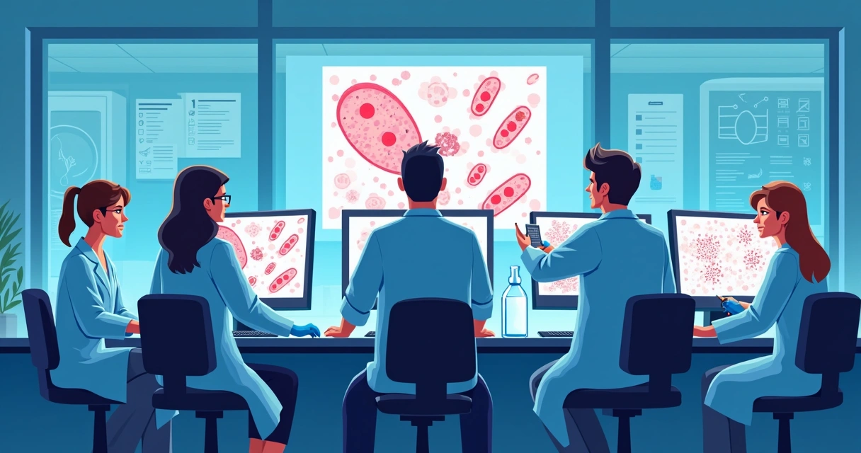 Interpretação do Gram e reconhecimento das principais bactérias Gram-positivas 4 Equipe médica analisando resultado de coloração de Gram em ambiente hospitalar