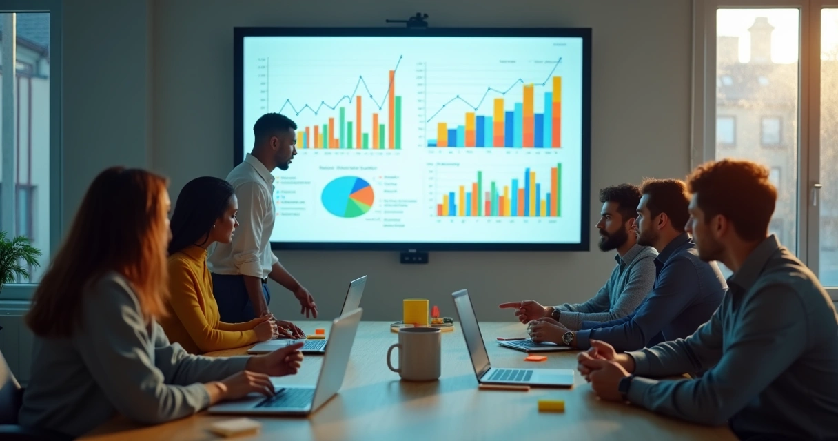 Equipe analisando gráficos e discutindo junto a uma tela grande