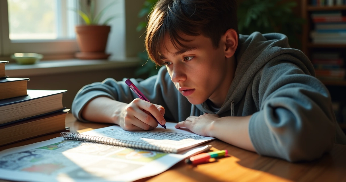 Estudante jovem analisando uma tira de HQ e texto em folha de prova