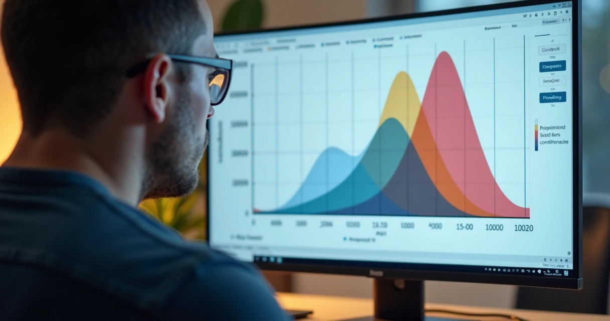 Pessoa analisando gráficos de distribuição de probabilidade em tela 