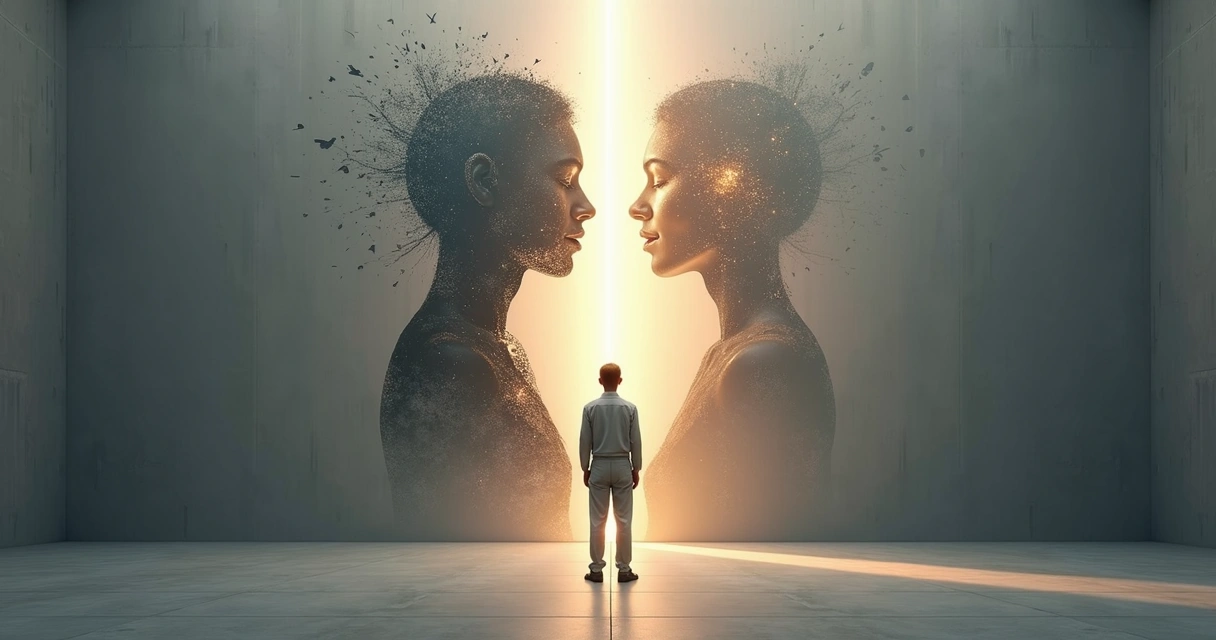Pessoa diante de encruzilhada interna entre sombras e luz 