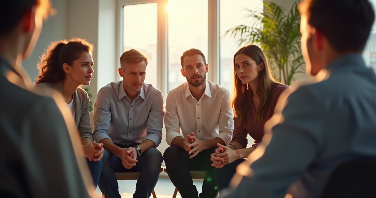 Grupo de pessoas conversando em uma sala, cada uma demonstrando expressões faciais diferentes. 