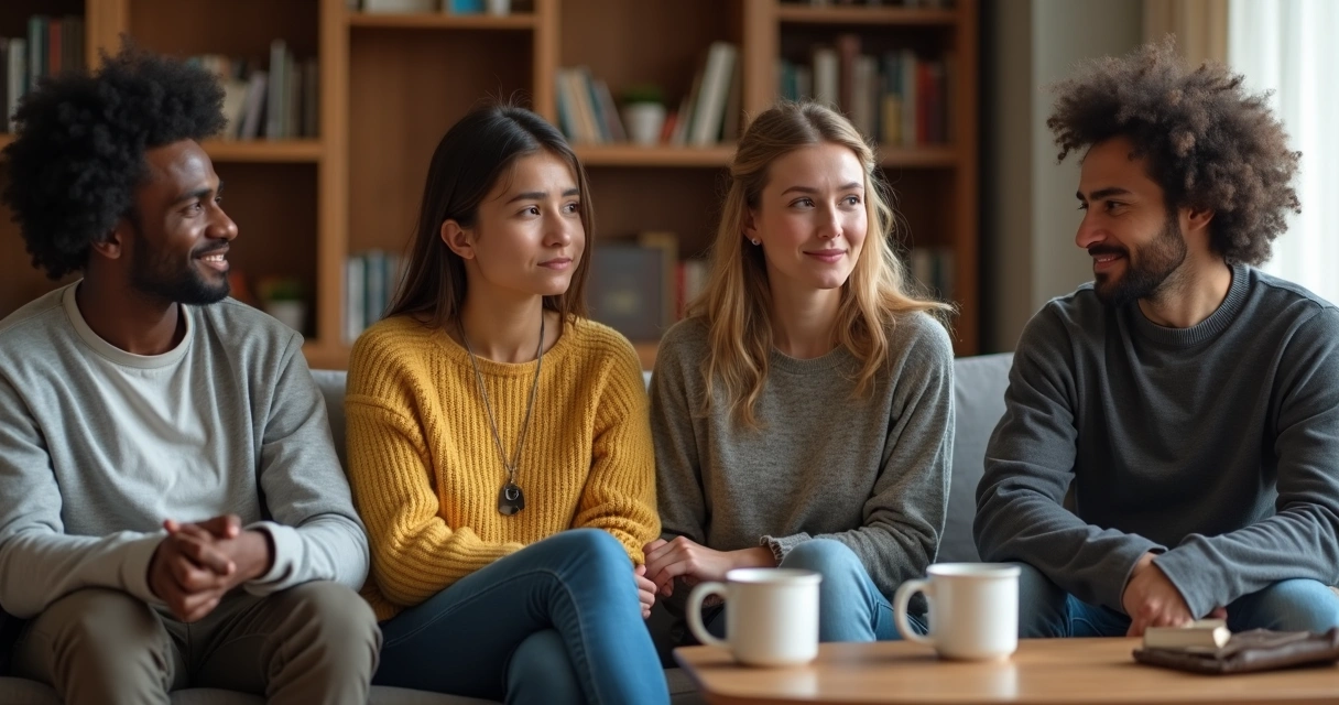 Grupo conversando e expressando diferentes emoções. 