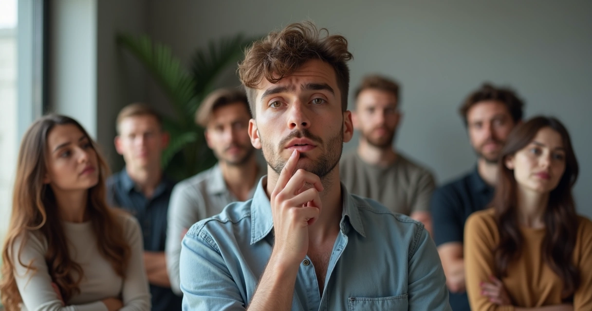 Pessoa em foco cercada por expressões emocionais confusas de outras pessoas 