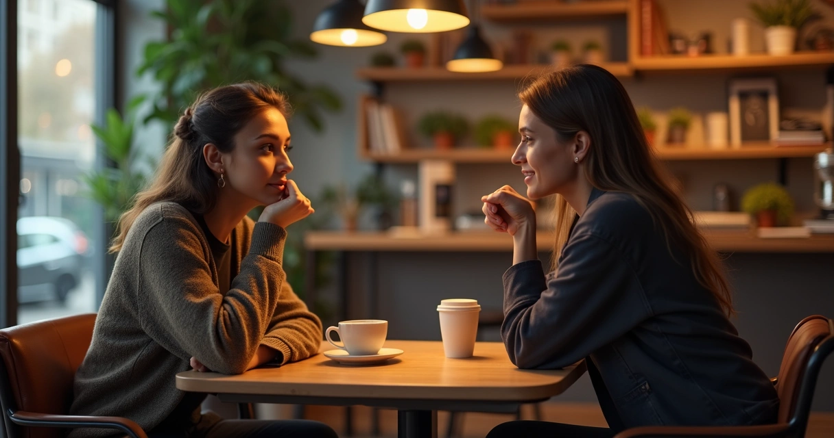 Duas pessoas conversando sentadas em uma mesa de café, uma delas com expressão reflexiva e outra ouvindo atentamente, ambiente acolhedor ao fundo. 