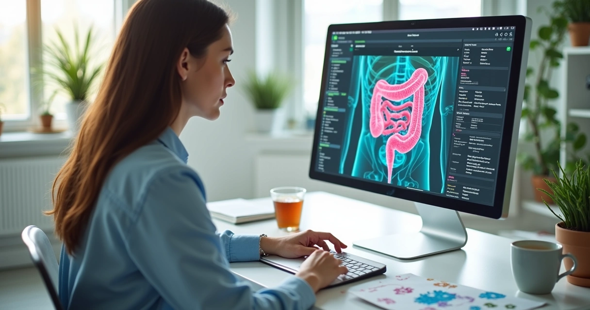 Profissional analisando laudo de microbiota em computador 