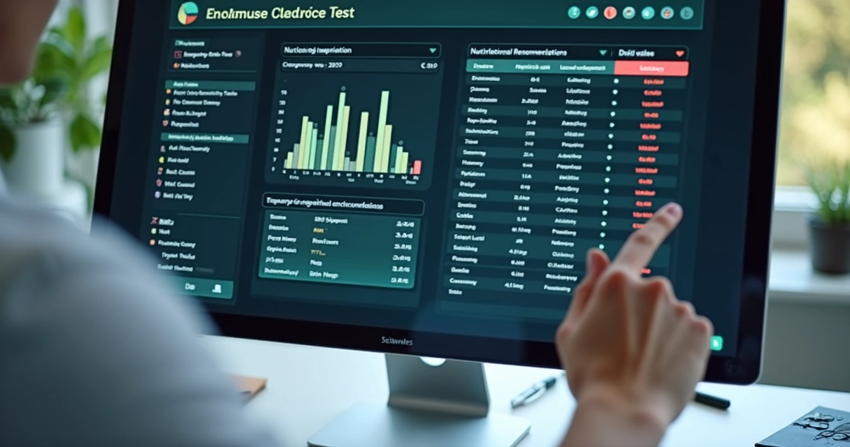 Tela de computador com análise de exame laboratorial por inteligência artificial 