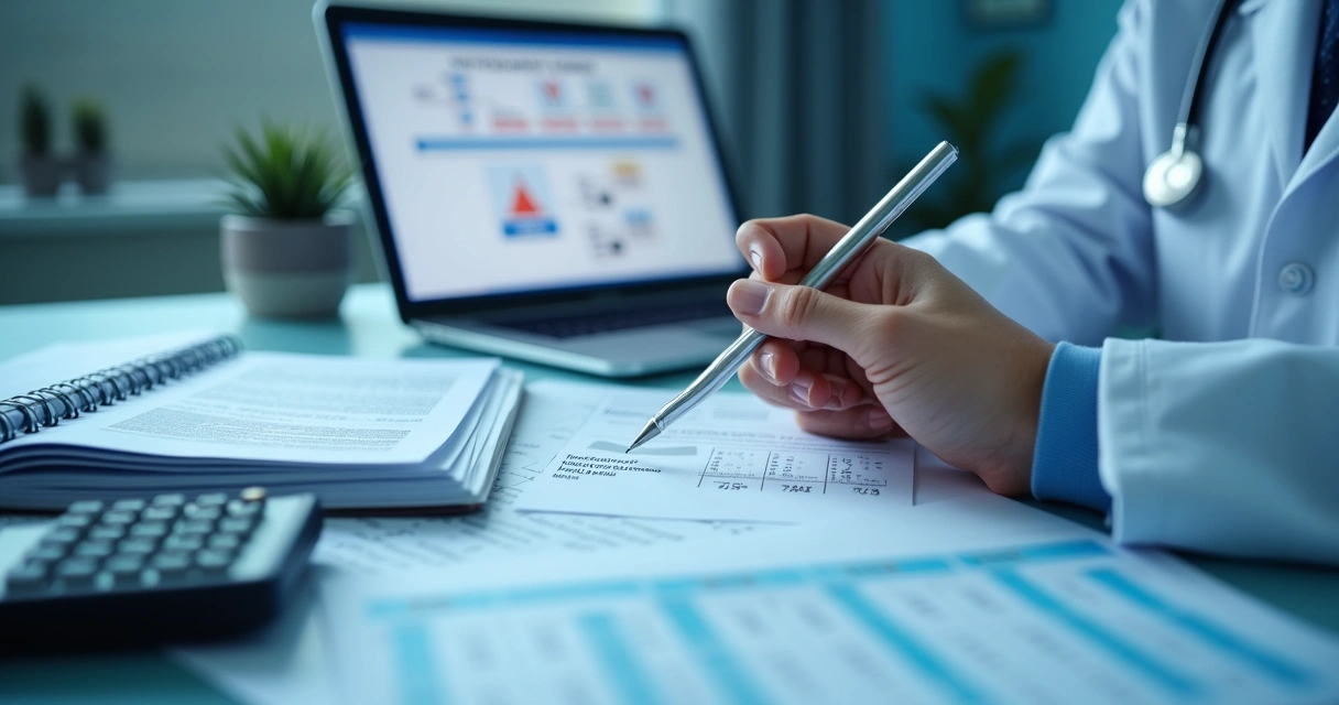 Médico analisa exames laboratoriais com calculadora e protocolos médicos na mesa