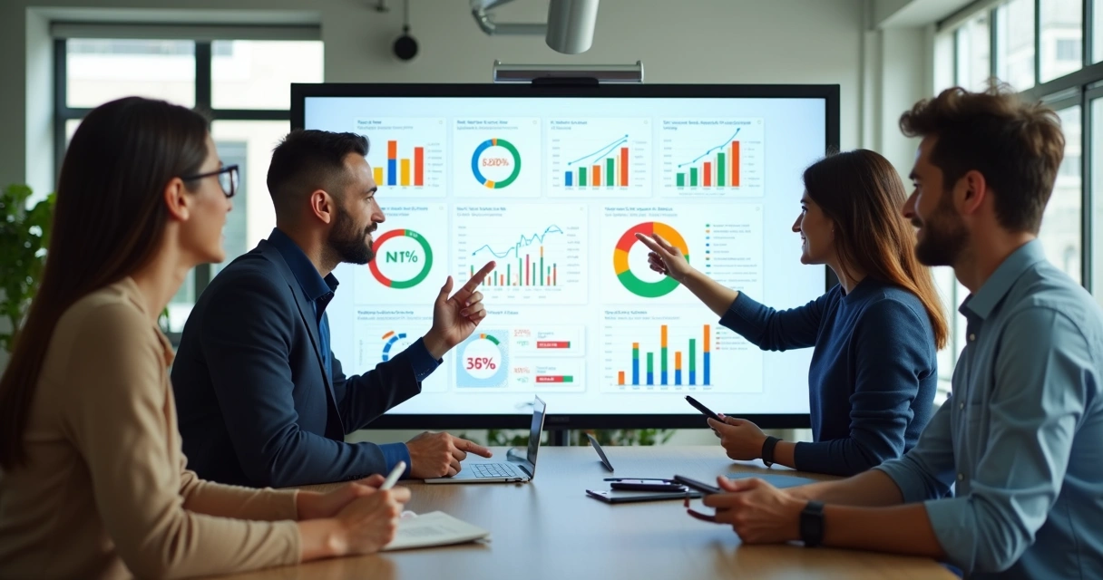 Colaboradores discutindo dados em um quadro digital com gráficos de satisfação 