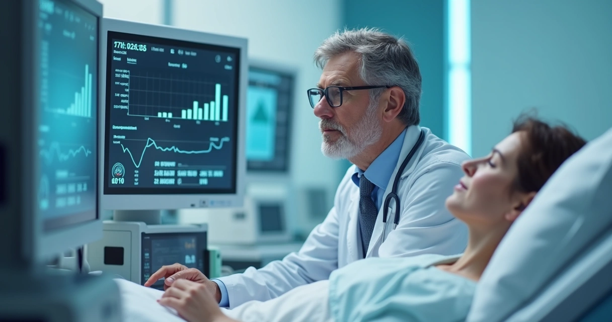 Médico analisando resultado da gasometria arterial em tela de computador ao lado de leito hospitalar 