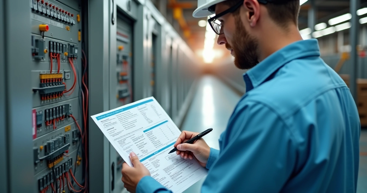 Engenheiro analisando painel elétrico com laudo técnico em mãos 