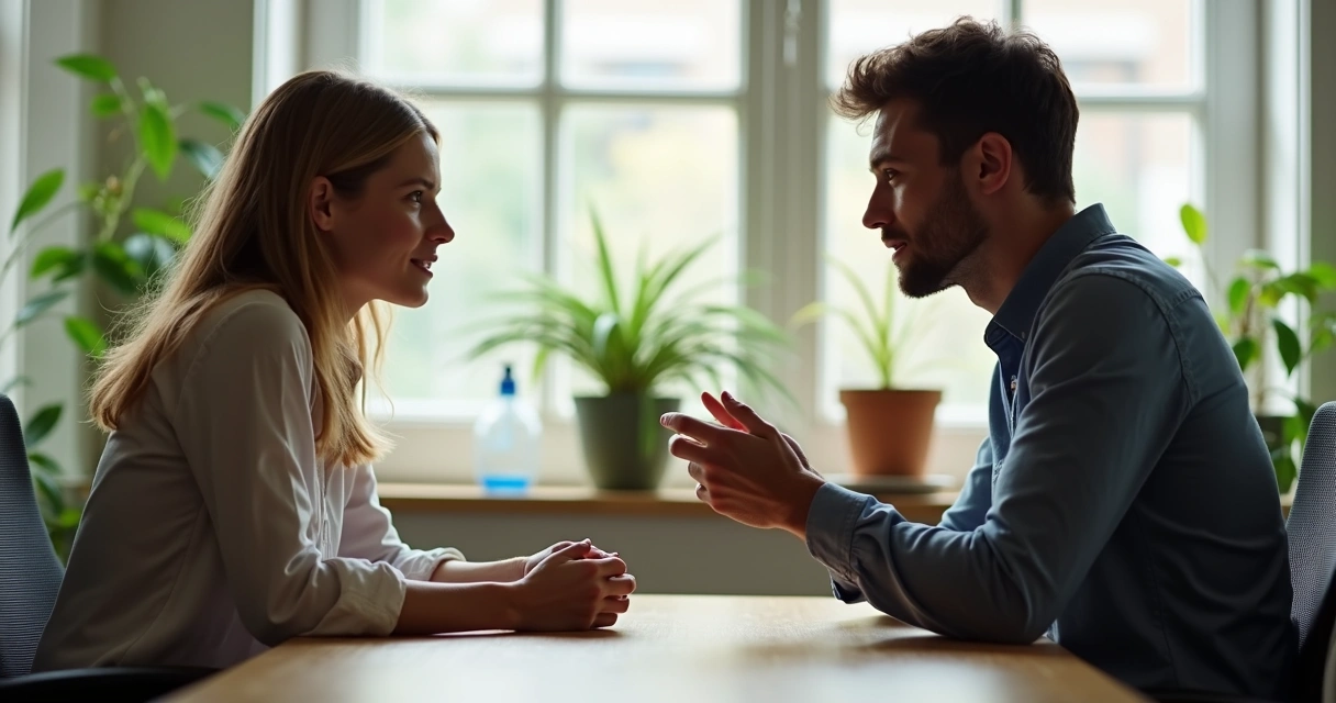 Duas pessoas conversando, linguagem corporal atenta 