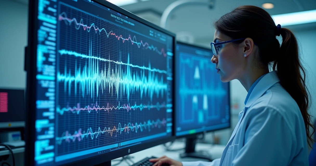 Técnico analisando gráfico de EEG no monitor